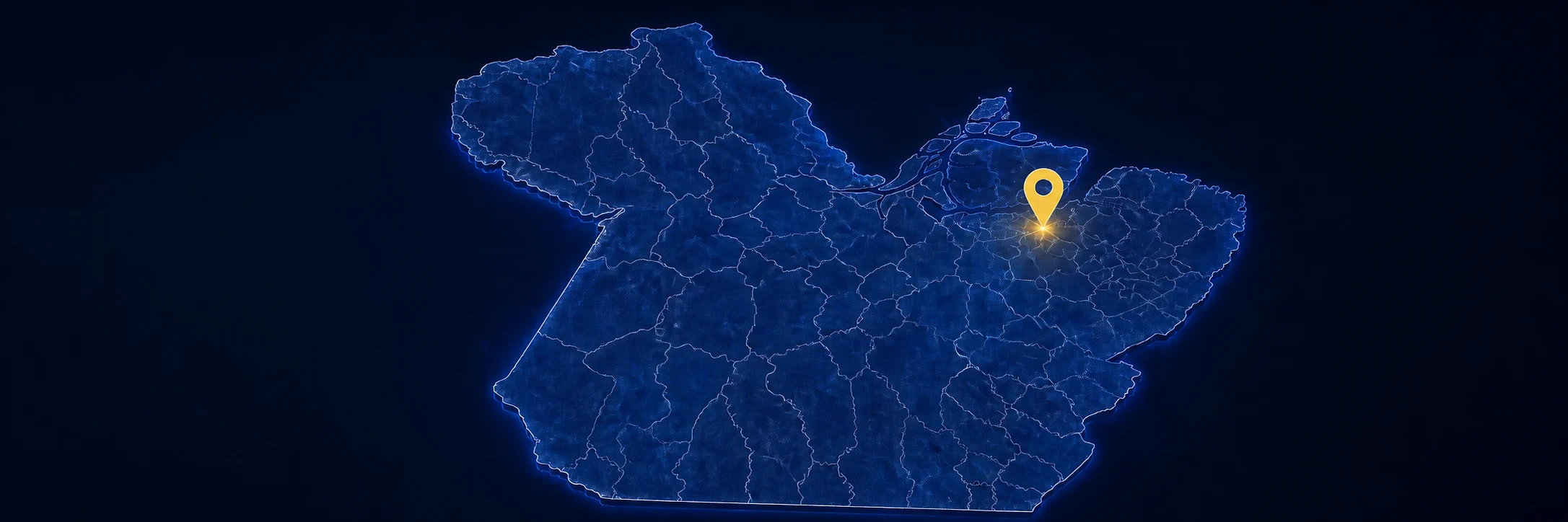 Mapa ilustrativo do Pará com pontos de presença regional e um marcador amarelo